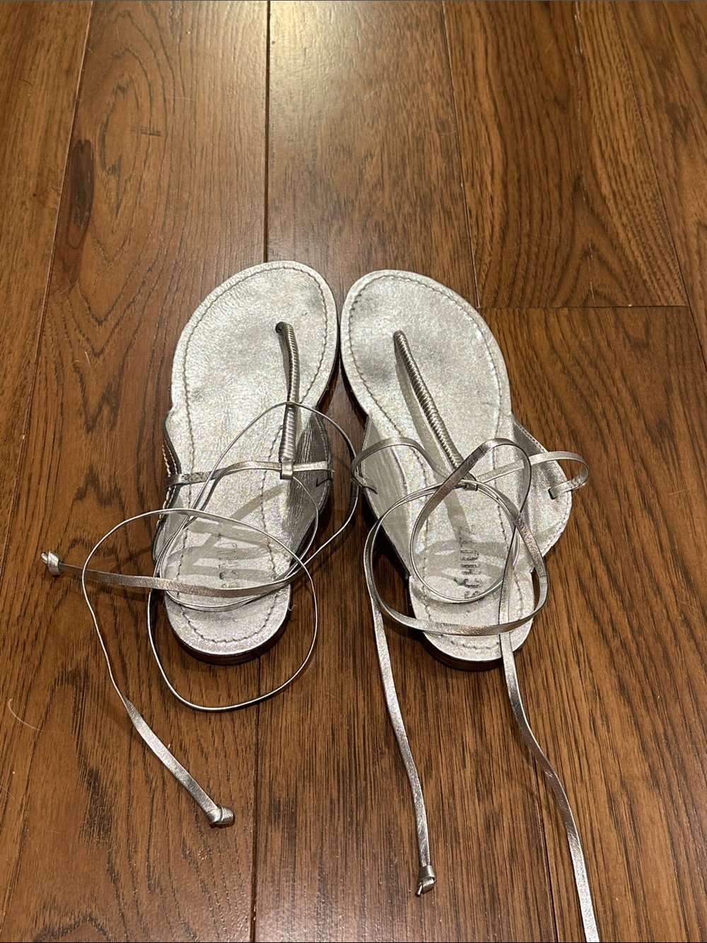 Schutz. Silver Strappy Lace-Up Women's Sandals - Picture 4 of 6